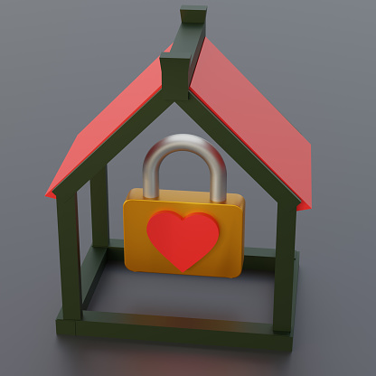 The concept of protecting health, family, housing. The concept of housing protection. Business loans for real estate concept. 3d icon rendering. Padlock, lock.