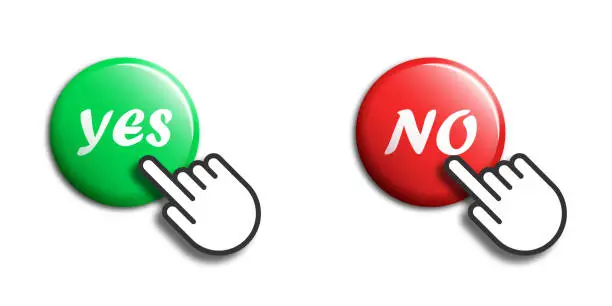 Vector illustration of Click hand cursor with buttons and text: Yes, No. Vector illustration.