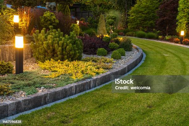 Residential Garden Landscaping Design Idea Stock Photo - Download Image Now - Landscaped, Garden, Lawn