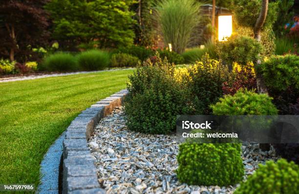 Professionally Landscaped Garden Flower Bed Stock Photo - Download Image Now - Landscaped, Gardening, Bush