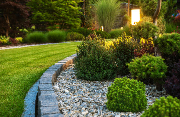 cama de flores de jardim paisagística profissional - paving stone hardscape front or back yard formal garden - fotografias e filmes do acervo