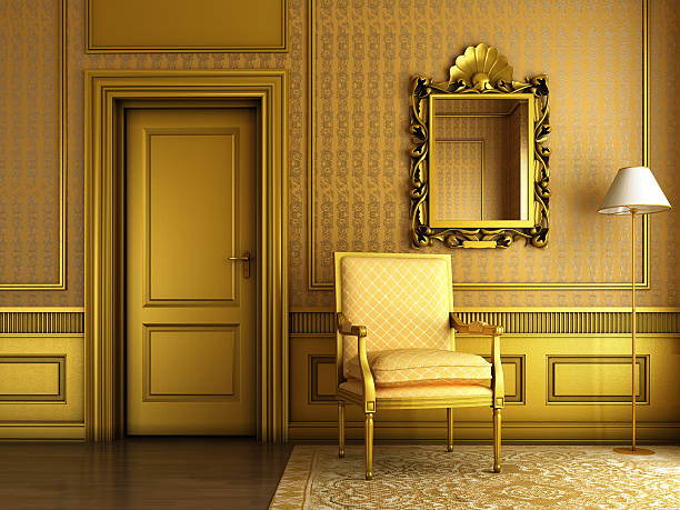 classic palace interior with armchair mirror and golden molding 3d render of Interior scene of luxury palace living-room with lots of golden molding and furniture moulding door jamb wood stock pictures, royalty-free photos & images