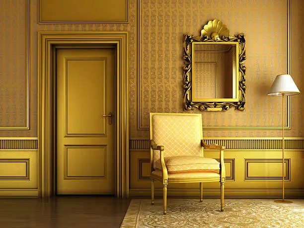 Photo of classic palace interior with armchair mirror and golden molding