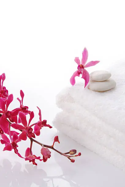 red orchid bunch with towel on white