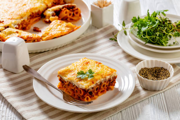 istock Greek Pastitsio on white plate, top view 1467601803