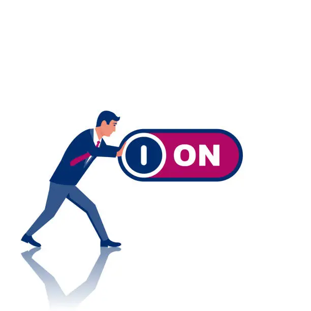 Vector illustration of Businessman presses a button. Project start. Open progress. Vector flat.