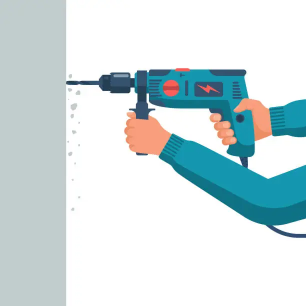 Vector illustration of Professional home worker drilling a concrete wall. Hand drill in the hands of a worker.