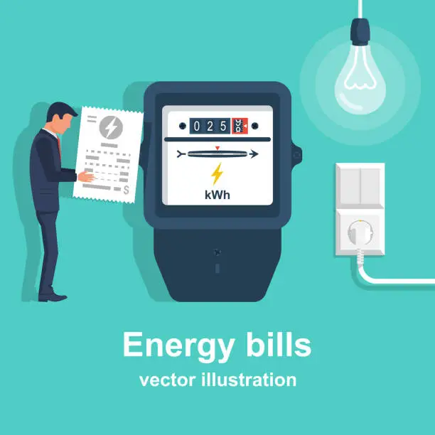 Vector illustration of Energy bills. Man paying utilities. Concept of invoice and electricity meter.