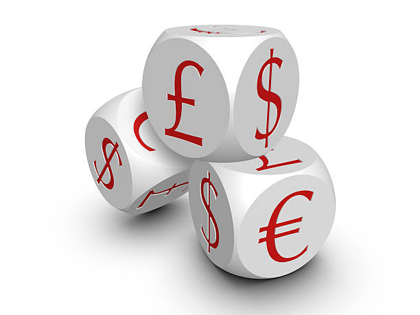 Three white cubes with currency symbols stock photo
