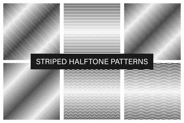 Vector illustration of Collection of seamless striped halftone patterns. Black and white monochrome backgrounds with lines. Minimalistic fabric prints
