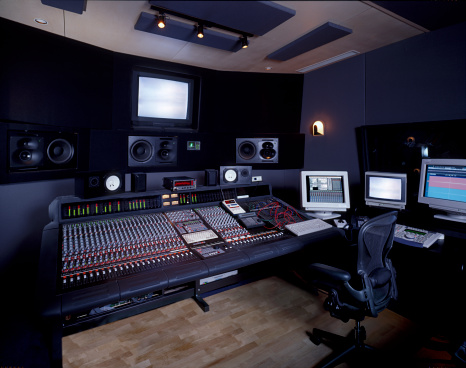 Recording Studio Suite A dark, beautiful modern digital recording studio suite.