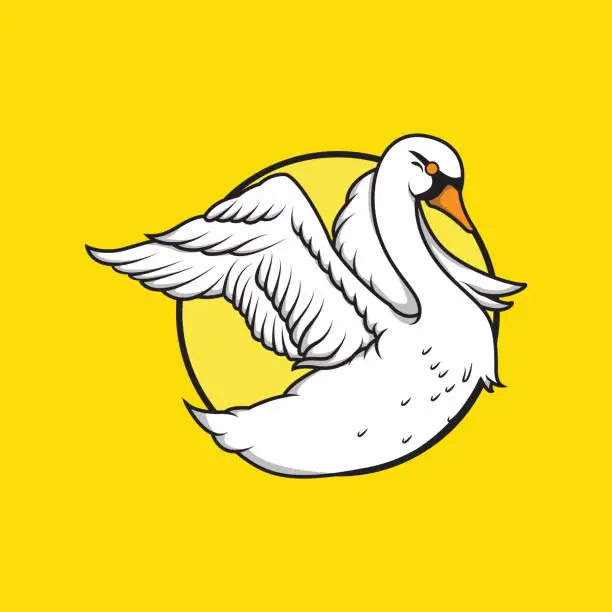 Vector illustration of Illustration of a white swan flapping its wings on a yellow background