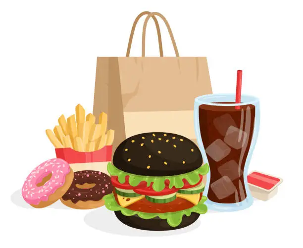 Vector illustration of Cartoon fast food concept. Black cheese burger, french fries and soda pop, burger with grilled meat, cheese and fried potatoes flat vector illustration