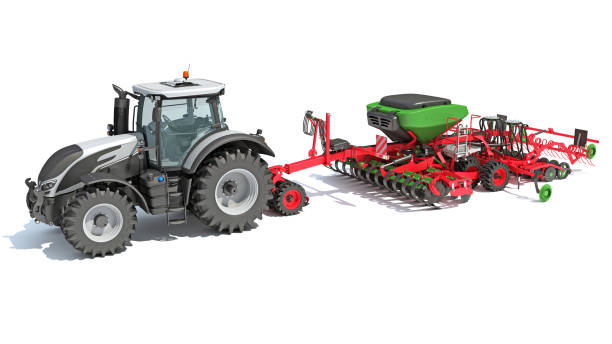 istock Tractor with Seed Drill farm equipment 3D rendering on white background 1467611997