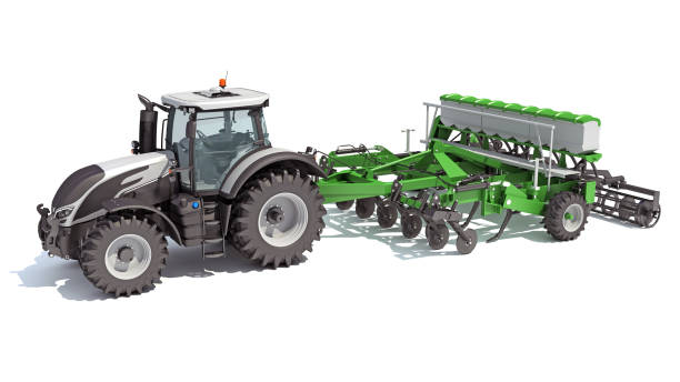 istock Tractor with Seed Drill farm equipment 3D rendering on white background 1467612055