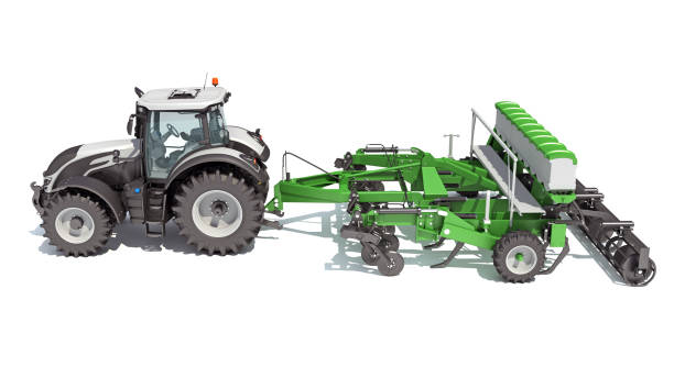 istock Tractor with Seed Drill farm equipment 3D rendering on white background 1467612067