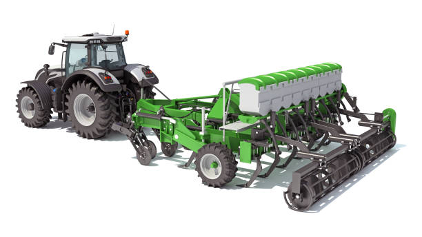istock Tractor with Seed Drill farm equipment 3D rendering on white background 1467612077