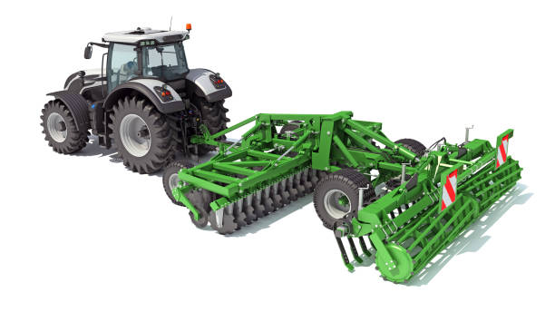 istock Tractor with Seed Drill farm equipment 3D rendering on white background 1467612080
