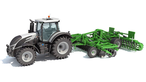 istock Tractor with Seed Drill farm equipment 3D rendering on white background 1467612085