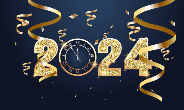 ilustraciones, imágenes clip art, dibujos animados e iconos de stock de 2024 feliz año nuevo diseño de fondo. tarjeta de felicitación, pancarta, póster. ilustración vectorial. - día de fin de año