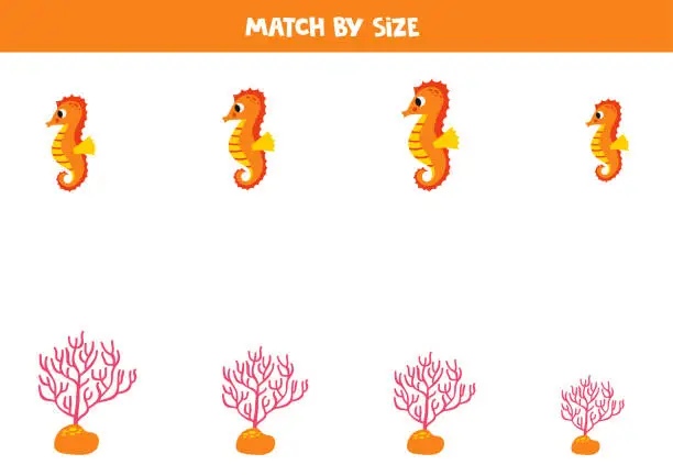 Vector illustration of Matching game for preschool kids. Match seahorses and corals by size.