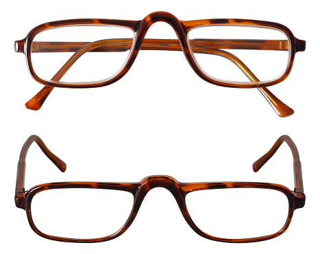 isolated front view of folded brown acetate reading spectacles