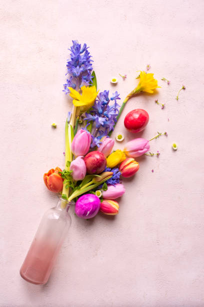 flores coloridas da primavera com ovos de páscoa - hyacinth flower vase daffodil - fotografias e filmes do acervo
