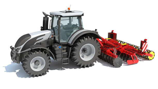 istock Tractor with Trailed Disc Harrow farm equipment 3D rendering on white background 1467614932