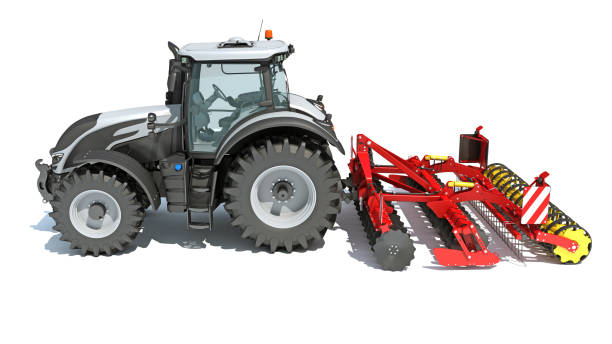 istock Tractor with Trailed Disc Harrow farm equipment 3D rendering on white background 1467614935