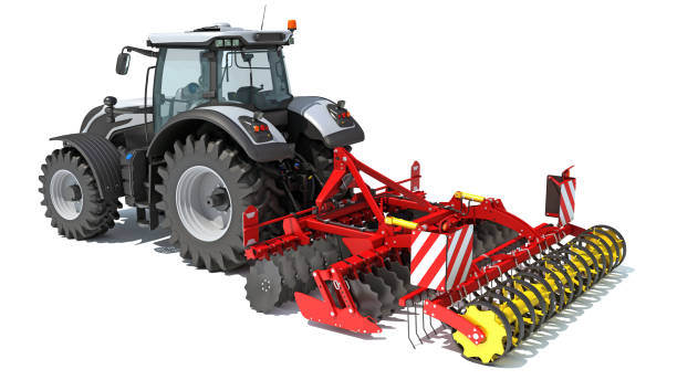 Tractor with Trailed Disc Harrow farm equipment 3D rendering on white background