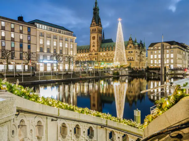 Rathaus hamburg, city Christmas tree, lights reflection on Kleine Alster and the stairs to the river