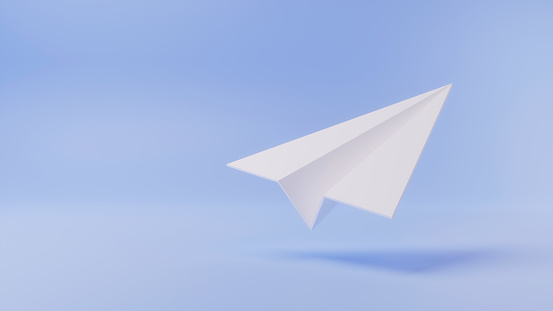 Origami paper airplane, white paper folded into shape on light blue backdrop, isolated with shadow. 3d rendering.