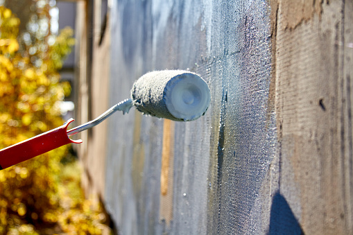 Painting the walls of a residential building with gray paint on an autumn
sunny day.
