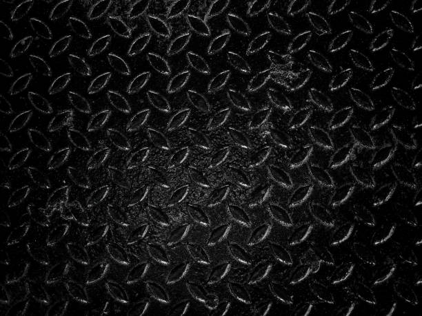 istock Blank space on black metallic checker plate anti-slip texture background. Abstract black metal sheet, close-up texture, black and white style. 1467617720