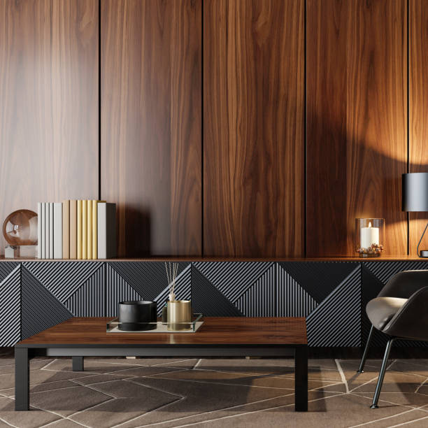 Luxury dark living room interior with 75