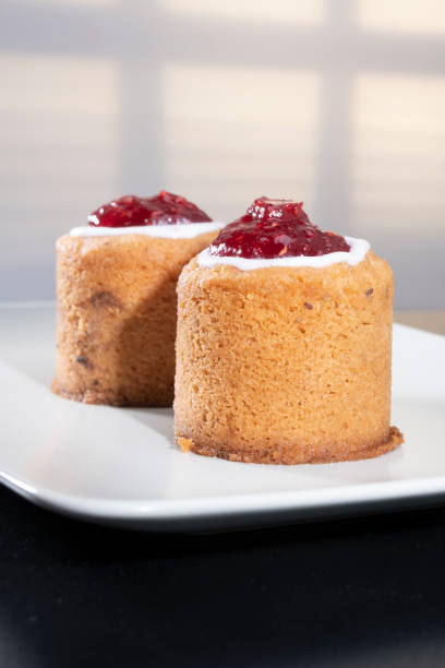 Traditional Finnish cuisine - Runeberg torte is named after the Finnish national poet Johan Ludvig Runeberg. Flavoured with almonds and arrack, the torte traditionally has a raspberry topping. stock photo