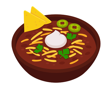 Chile con carne, traditional Mexican food. Bean and beef stew topped with cheese, sour cream and nachos. Cartoon vector clip art illustration.