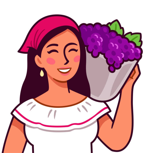 illustrazioni stock, clip art, cartoni animati e icone di tendenza di illustrazione della donna della vendemmia - wine grape harvesting crop