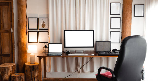 istock Computer  and Laptop  on the desk mock up at home office 1467621962