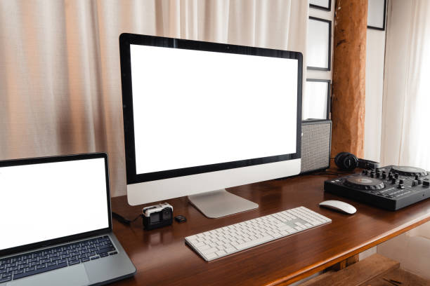 istock Computer  and Laptop  on the desk mock up at home office 1467622149
