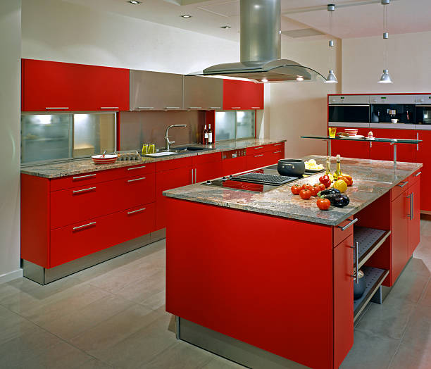 istock Modern kitchen in red with multipurpose island cabinet 146762216