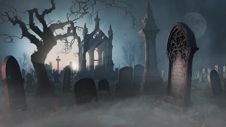 Dark Fantasy Cemetery at Dusk with Fog 4K