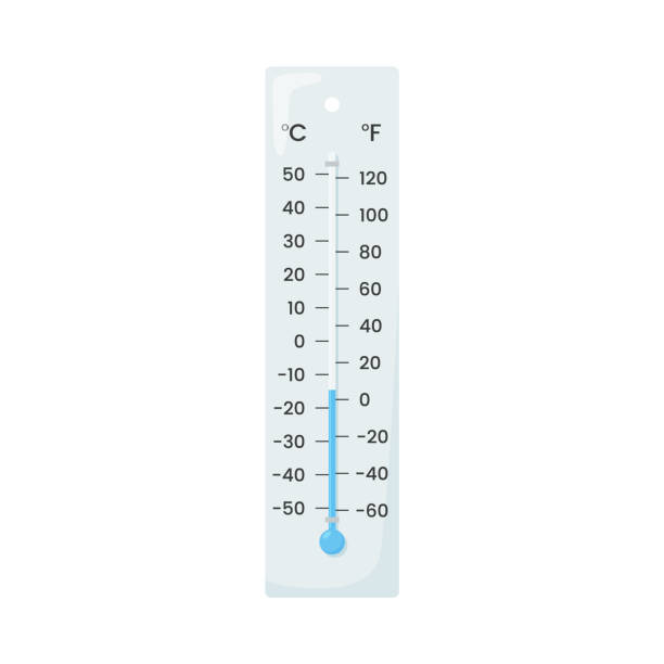 Indoor-outdoor thermometer shows cold temperature in winter, flat vector illustration isolated on white background. Indoor-outdoor thermometer shows cold temperature in winter, flat vector illustration isolated on white background. Celsius and fahrenheit scales on outdoor thermometer. Weather and meteorology. temp gauge stock illustrations