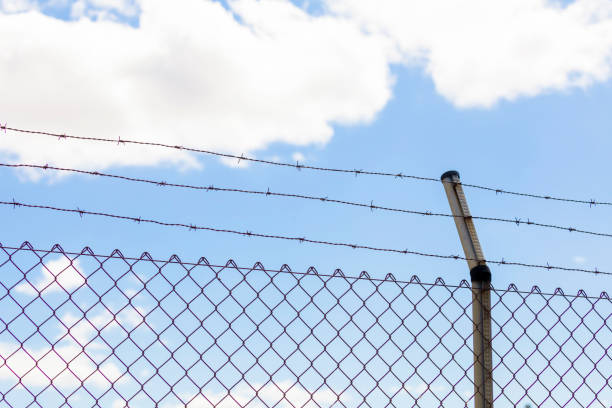 istock Metal fence with dangerous barbed wire 1467623915