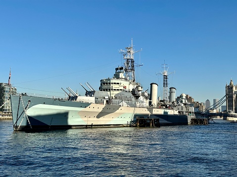 HMS Belfast, a museum ship moored on the River Thames in London, UK