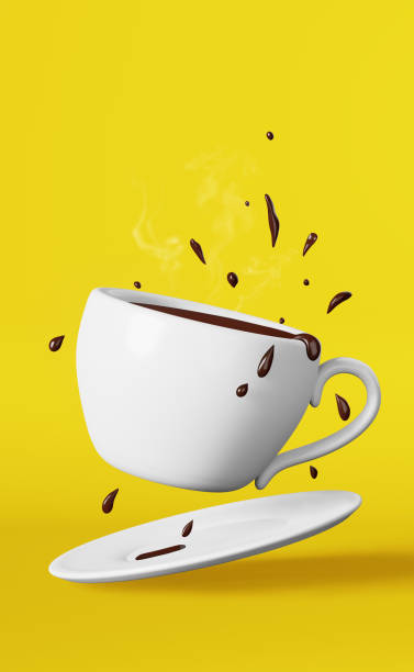 istock Flying hot chocolate porcelain cup splashes drops 3D rendering yellow. Floating fresh brewed steaming coffee cocoa drink 1467625031