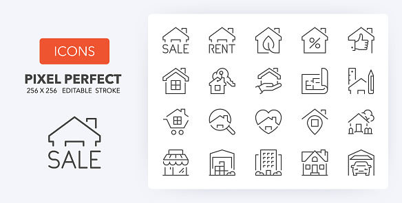 Set of thin line icons of houses and real estate services. Outline symbol collection. Editable vector stroke. 256x256 Pixel Perfect scalable to 128px, 64px...