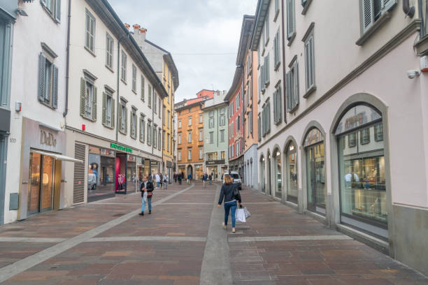 Popular shopping street in Bergamo. stock photo