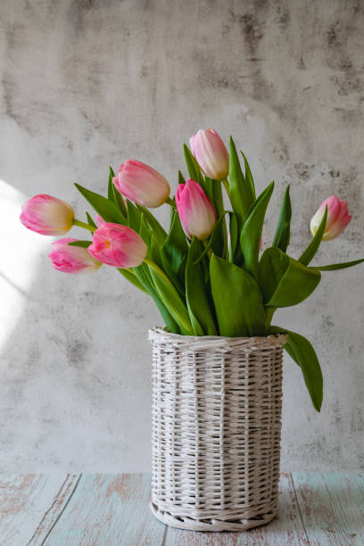 istock Vase of willow branches with pink tulips 1467631043