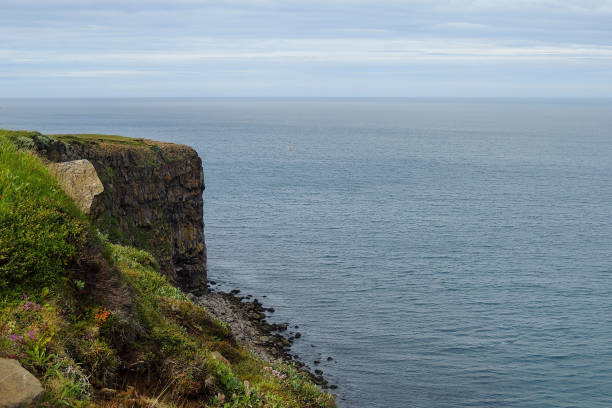 Iceland South Coast Scenery: A breathtaking stock photo showcasing the beauty of Iceland's south coast, with its rugged cliffs, towering peaks, and stunning seascapes.